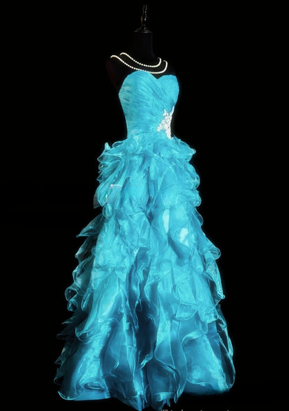Chic Blue Prom Dress Tulle Sweetheart Evening Dress A-Line Formal Dress ED06834