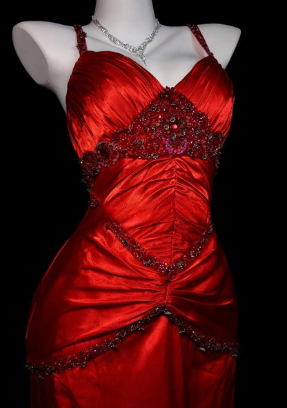 Chic Red Prom Dress Satin Spaghetti Straps Evening Dress Sheath Formal Dress ED06835
