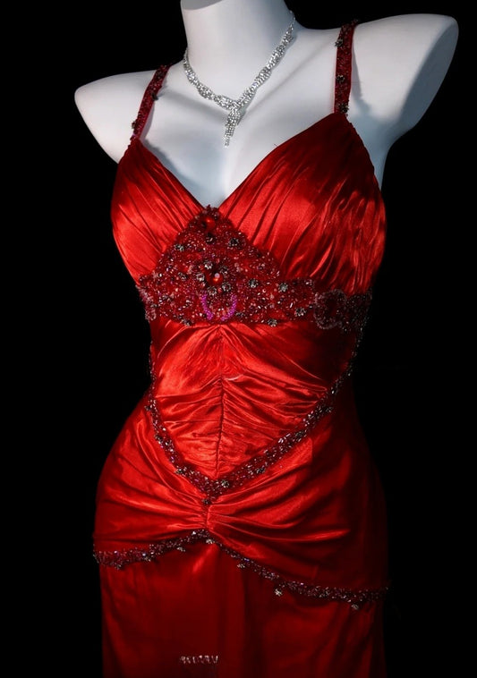 Chic Red Prom Dress Satin Spaghetti Straps Evening Dress Sheath Formal Dress ED06835