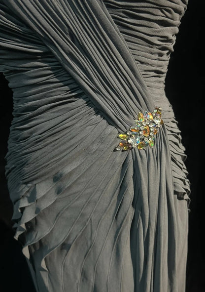 Chic Gray Prom Dress Chiffon Spaghetti Straps Evening Dress Sheath Formal Dress ED06836