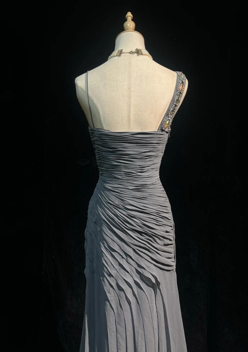 Chic Gray Prom Dress Chiffon Spaghetti Straps Evening Dress Sheath Formal Dress ED06836