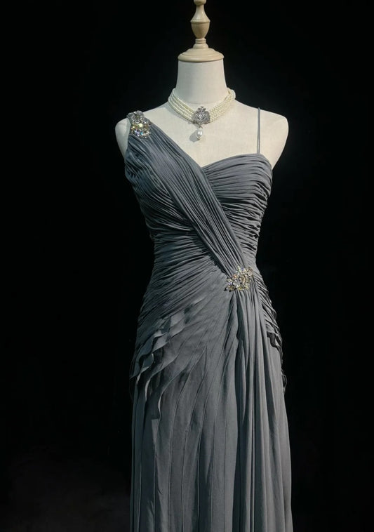 Chic Gray Prom Dress Chiffon Spaghetti Straps Evening Dress Sheath Formal Dress ED06836