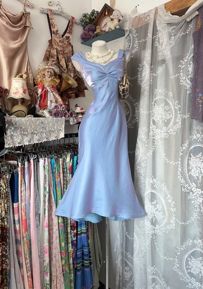 Chic Blue Prom Dress Satin V-neck Evening Dress Sheath Formal Dress ED06838