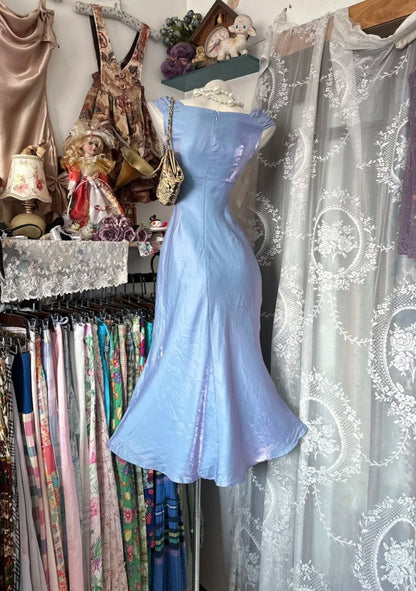 Chic Blue Prom Dress Satin V-neck Evening Dress Sheath Formal Dress ED06838