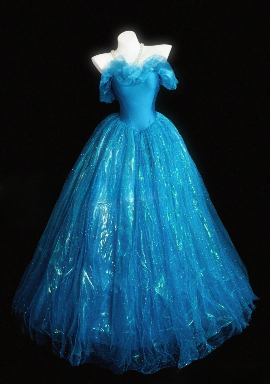 Chic Blue Prom Dress Tulle Off-shoulder Birthday Dress A-Line Sweet 16 Dress ED06842