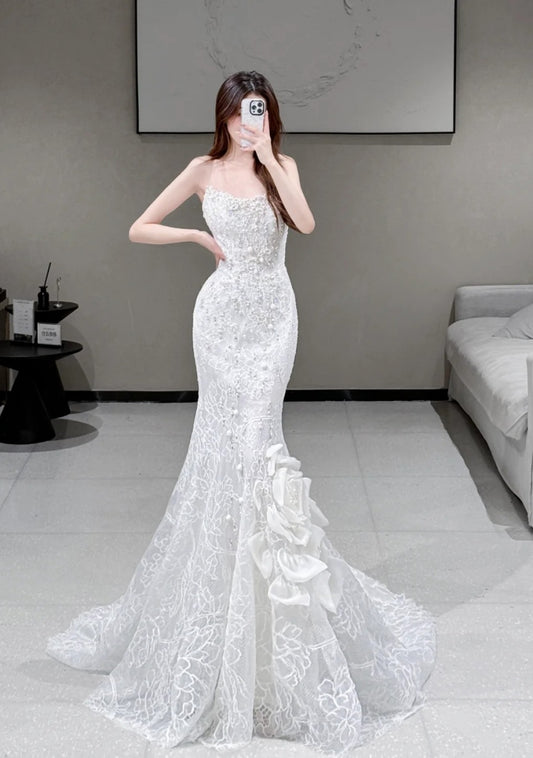Timeless White Wedding Dress Lace Strapless Bridal Gowns Sleeveless Mermaid Bridal Dress ED06843
