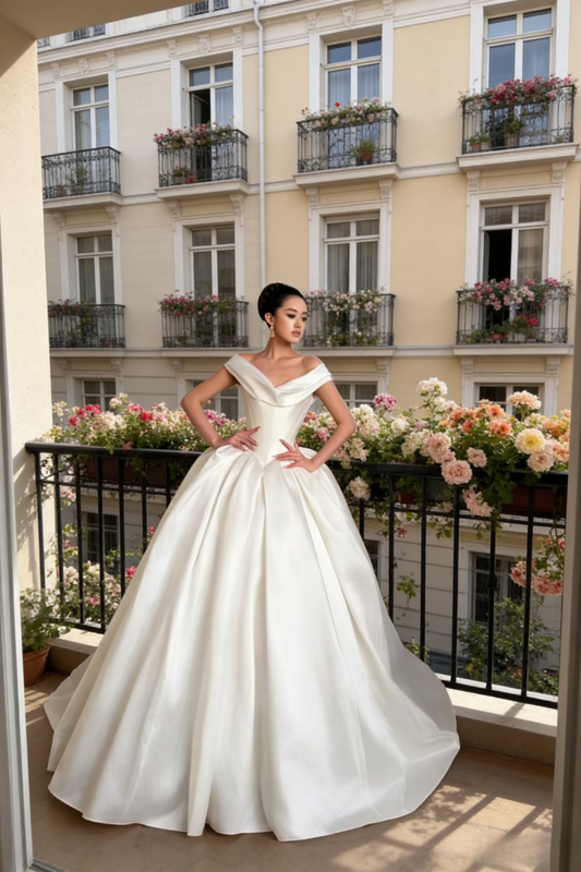 Timeless White Wedding Dress Satin Off-shoulder Bridal Gowns Sleeveless A-Line Bridal Dress ED06845