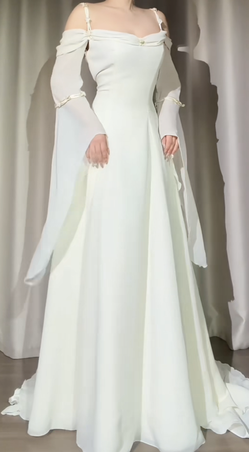 Vintage White Prom Dress Chiffon Straps Evening Dress A-Line Birthday Dress ED06848