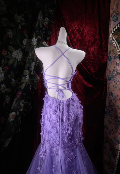 Gorgeous Mermaid Purple Prom Dress Tulle Halter Evening Dress ED06857