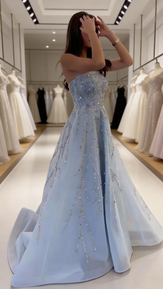 Gorgeous A-Line Light Blue Prom Dress Tulle Sequins Strapless Evening Dress ED06858