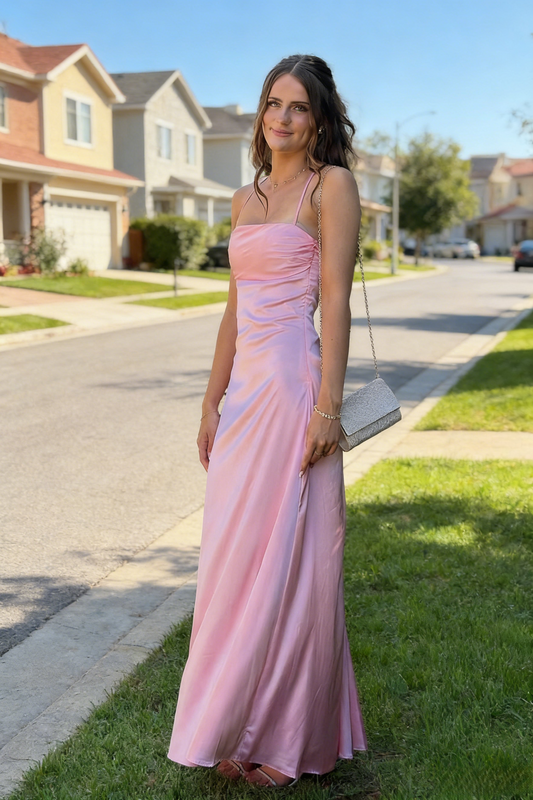 Gorgeous Pink Prom Dress Satin  Sheath Spaghetti Straps Evening Dress ED06860
