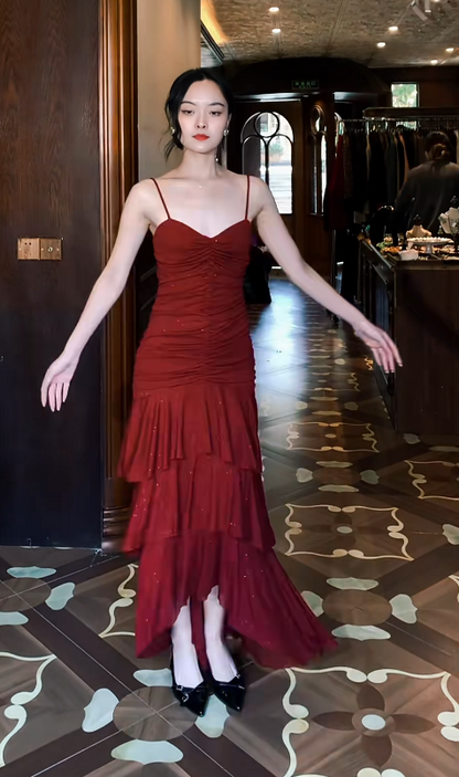 Gorgeous Red Prom Dress Chiffon Sheath Spaghetti Straps Evening Dress ED06861）