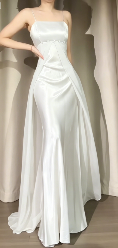 Spaghetti Straps Sheath Chiffon/Satin white Evening Dress