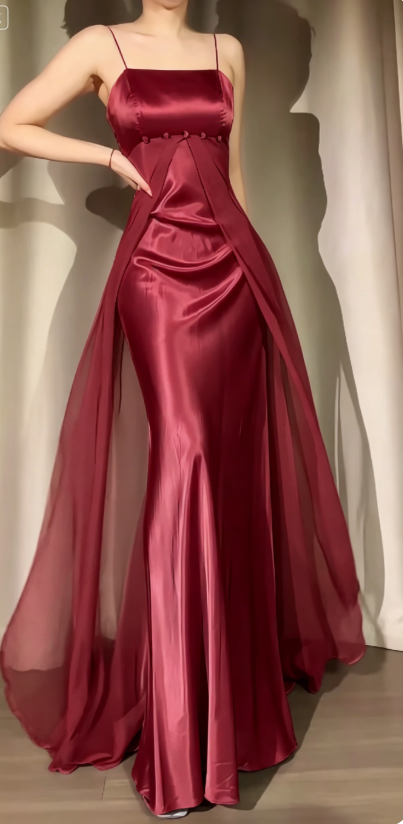 Spaghetti Straps Sheath Chiffon/Satin Burgundy Evening Dress