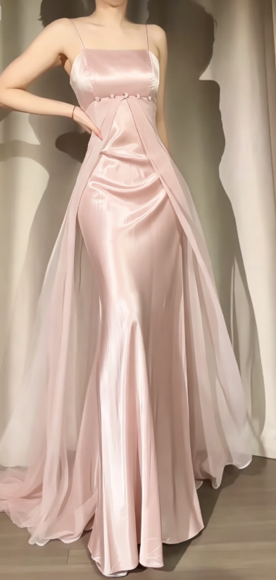 Spaghetti Straps Sheath Chiffon/Satin Pink Evening Dress
