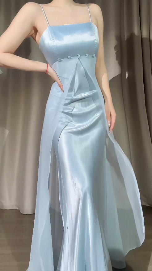 Pale Blue Spaghetti Straps Sheath Chiffon/Satin Evening Dress