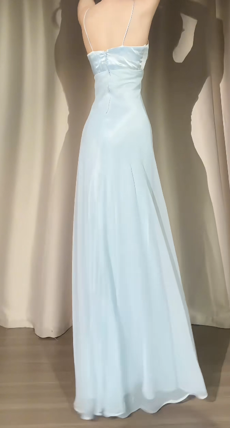 Pale Blue Spaghetti Straps Sheath Chiffon/Satin Evening Dress