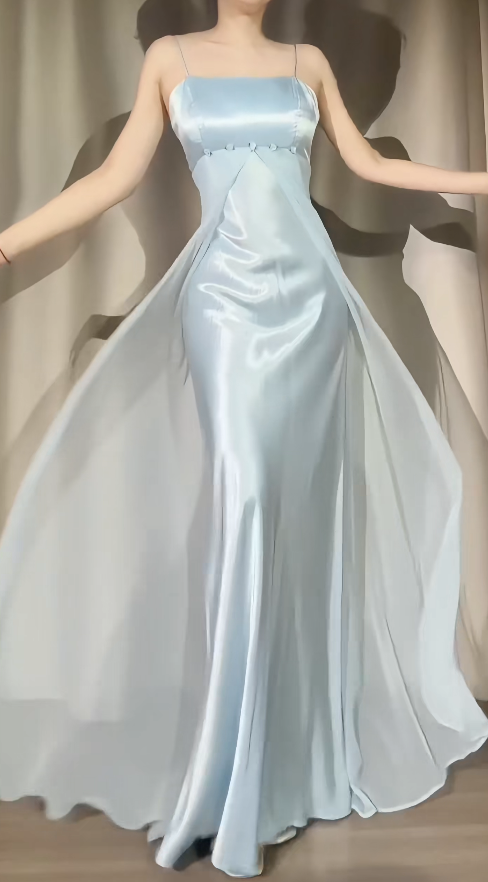 Classy Light Blue Prom Dress Chiffon Satin Sheath Spaghetti Straps Evening Dress ED06865