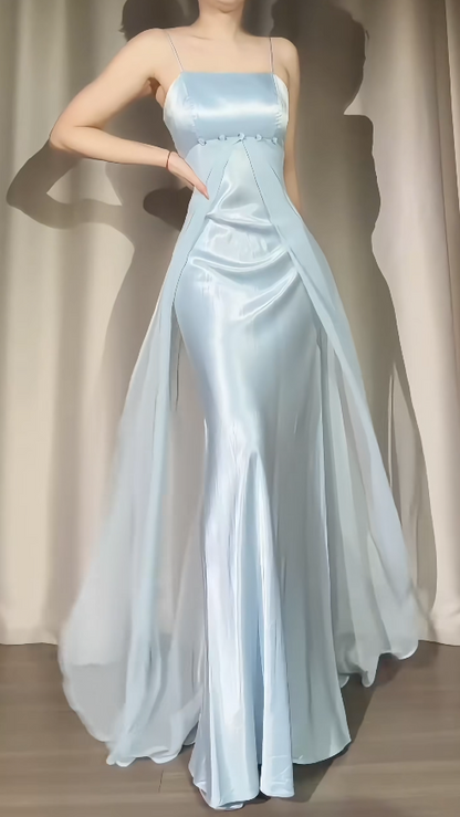 Pale Blue Spaghetti Straps Sheath Chiffon/Satin Formal Dress