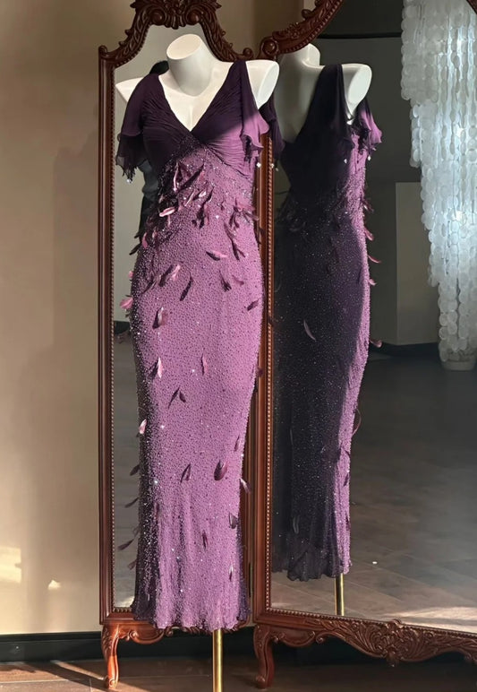 Vintage Grape Prom Dress Chiffon Beaded Evening Dress V-Neck Sheath Formal Dress ED06866