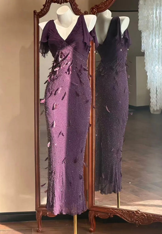 Vintage Grape Prom Dress Chiffon Beaded Evening Dress V-Neck Sheath Formal Dress ED06866