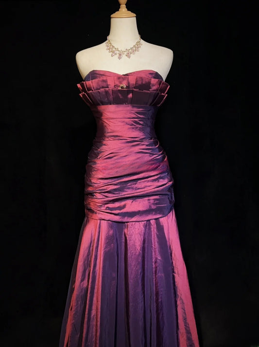 Vintage Hot Pink Prom Dress Satin Strapless Evening Dress Sheath Formal Dress  ED06867