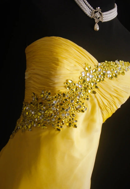 Vintage Yellow Prom Dress Chiffon Strapless Evening Dress Sheath Formal Dress ED06868