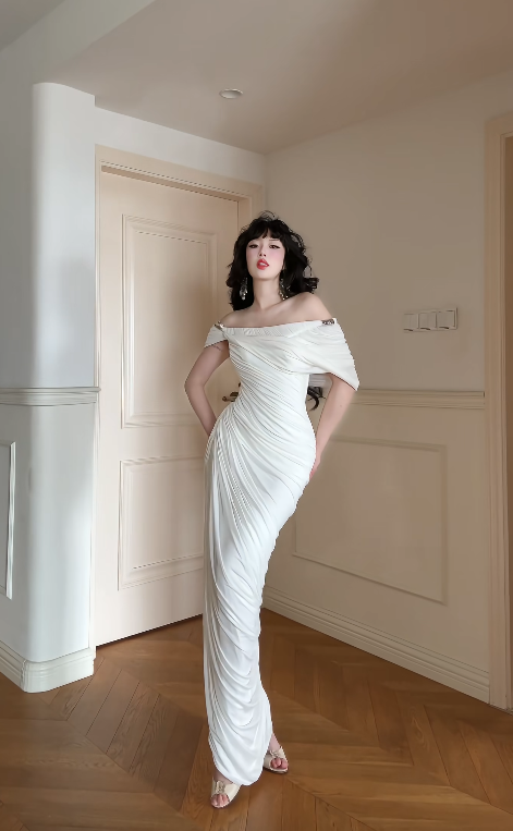 Elegant White Prom Dress Chiffon Off-shoulder Evening Dress Sheath Formal Dress ED06869