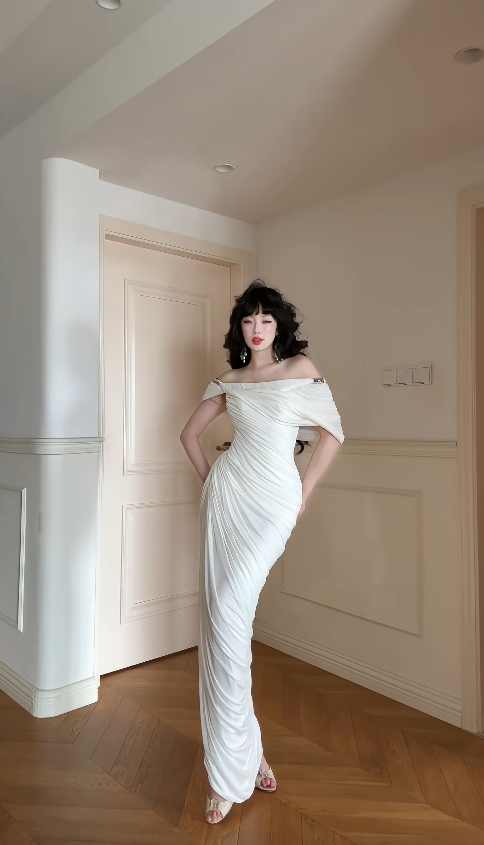 Elegant White Prom Dress Chiffon Off-shoulder Evening Dress Sheath Formal Dress ED06869