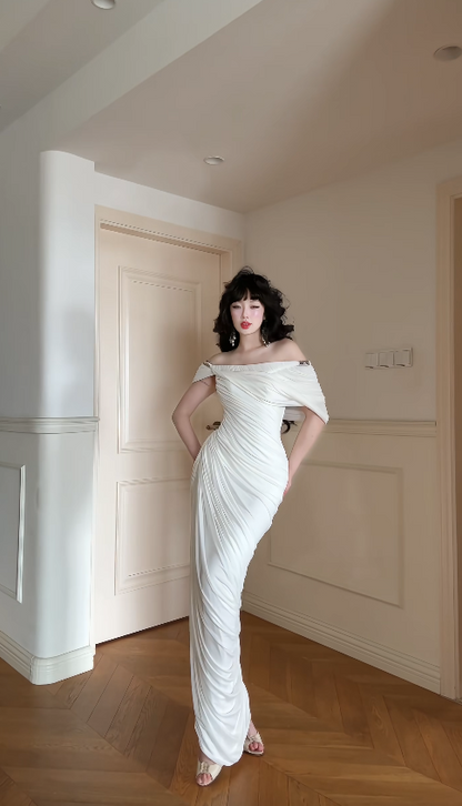 Elegant White Prom Dress Chiffon Off-shoulder Evening Dress Sheath Formal Dress ED06869