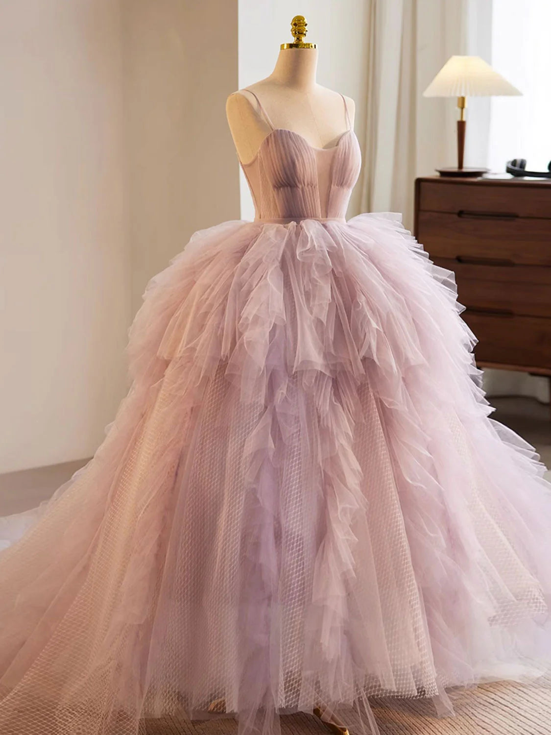A-Linie Herzausschnitt Tüll Rosa Langes Ballkleid, Rosa Abendkleid ED0687