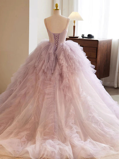 A-Linie Herzausschnitt Tüll Rosa Langes Ballkleid, Rosa Abendkleid ED0687