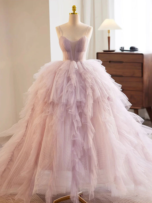 Robe de bal longue rose en tulle, coupe trapèze, décolleté en cœur, robe de soirée rose ED0687