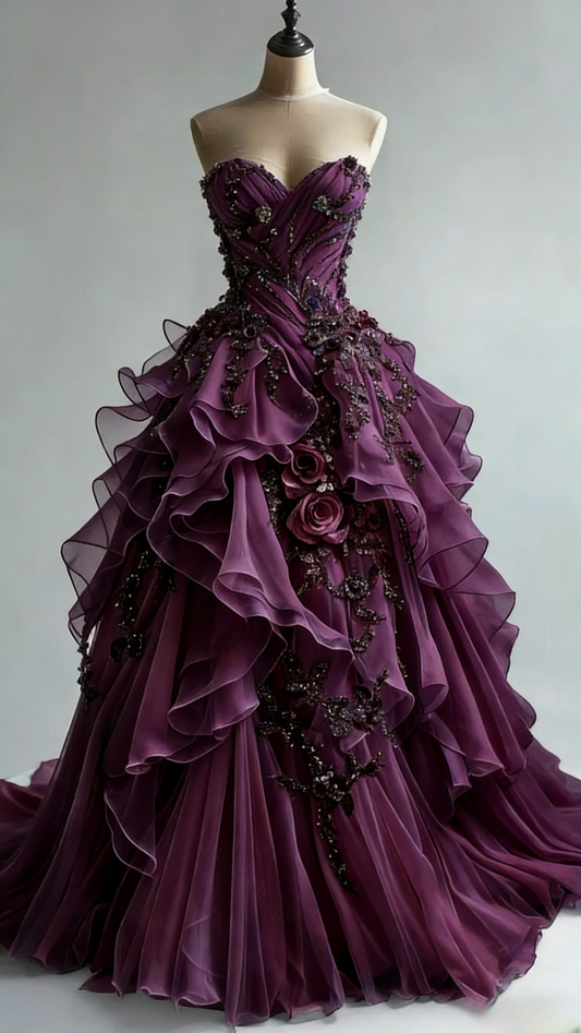 Elegant Purple Prom Dress Tulle Appliques Sweetheart Evening Dress A-Line Formal Dress ED06872