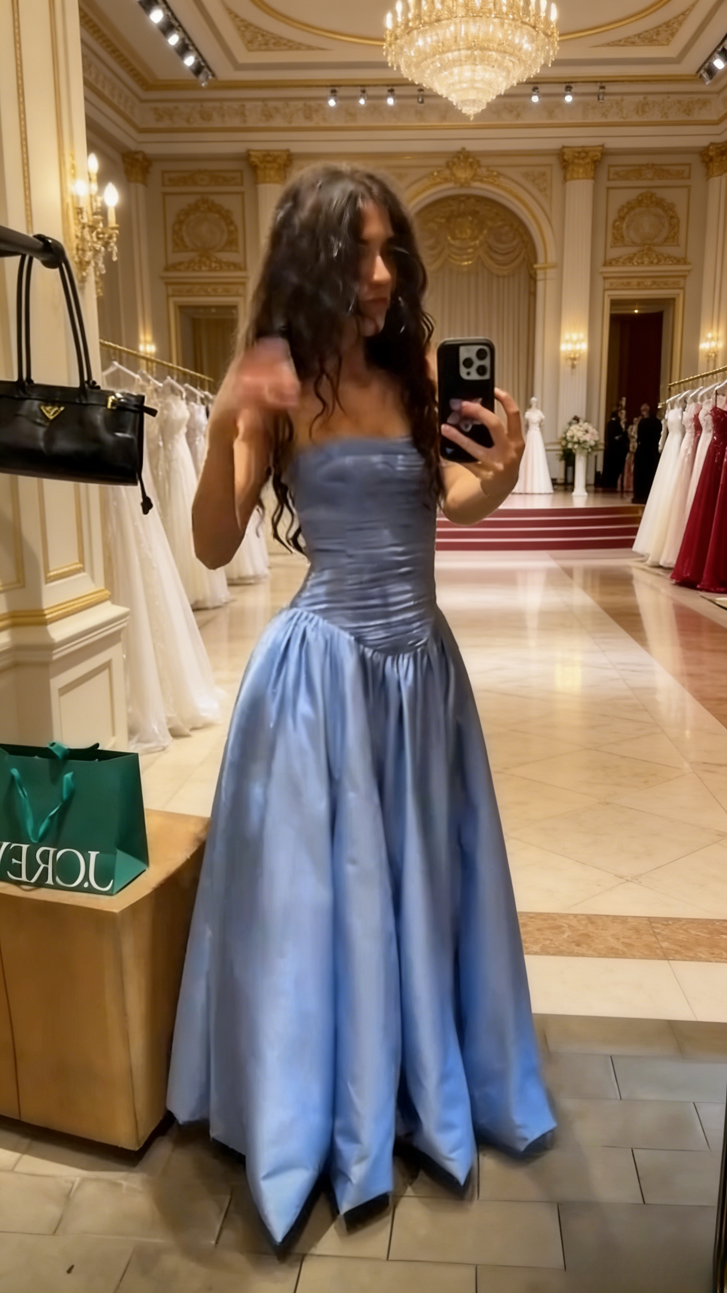 Elegant Blue Wedding Guest Dress Satin Strapless Evening Dress A-Line Prom Dress ED06876