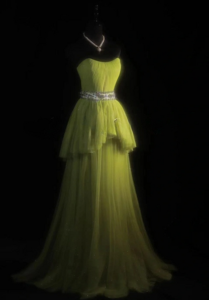 Chic Olive Green Prom Dress Tulle Strapless Evening Dress A-Line Formal Dress ED06879