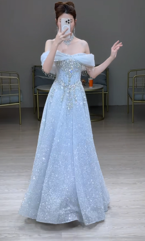 Chic Ice Blue Prom Dress Tulle Off-shoulder Evening Dress A-Line Formal Dress ED06880