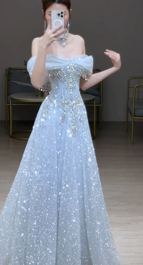 Chic Ice Blue Prom Dress Tulle Off-shoulder Evening Dress A-Line Formal Dress ED06880