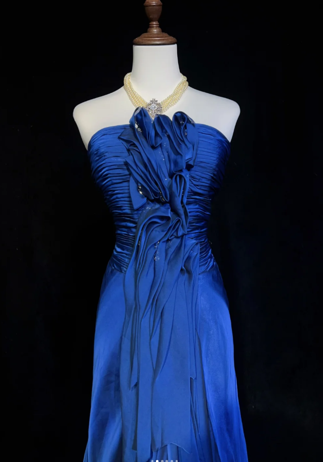 Chic Blue Prom Dress Satin Strapless Evening Dress Sheath Formal Dress ED06881