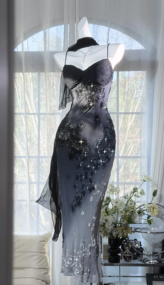 Chic Black Prom Dress Chiffon Beaded Spaghetti Straps Evening Dress Sheath Formal Dress ED06882