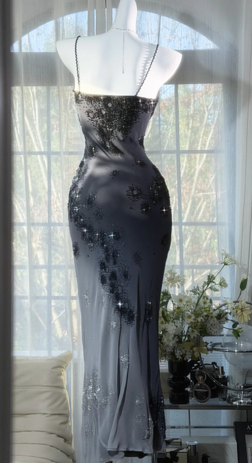 Chic Black Prom Dress Chiffon Beaded Spaghetti Straps Evening Dress Sheath Formal Dress ED06882