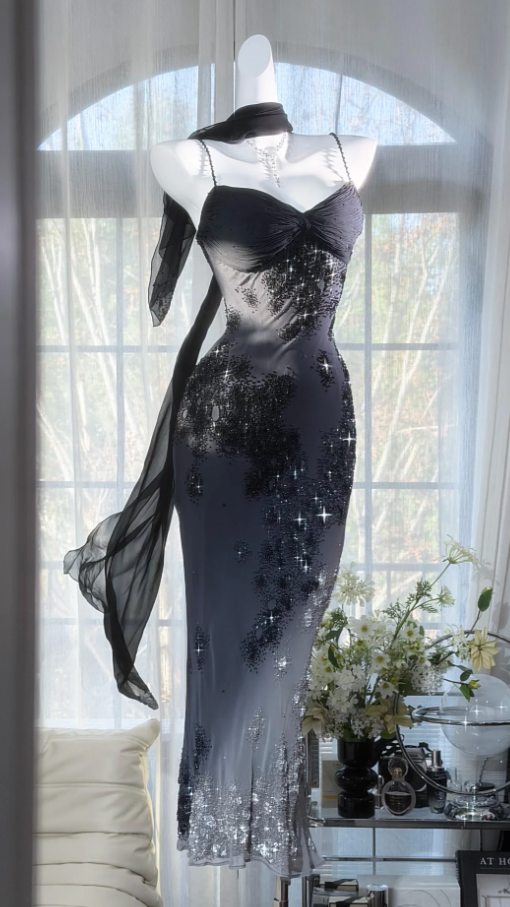 Chic Black Prom Dress Chiffon Beaded Spaghetti Straps Evening Dress Sheath Formal Dress ED06882