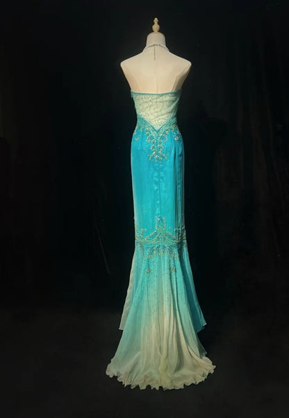 Chic Blue Prom Dress Tulle Beaded Strapless Evening Dress Mermaid Formal Dress ED06883