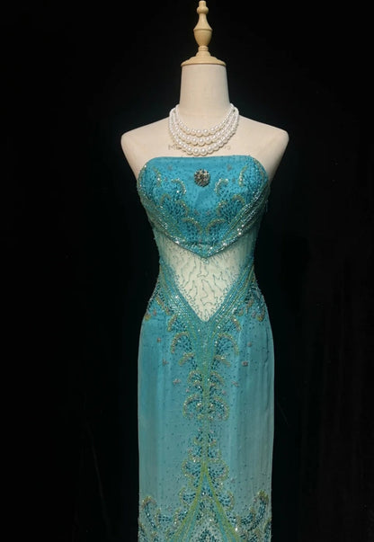 Chic Blue Prom Dress Tulle Beaded Strapless Evening Dress Mermaid Formal Dress ED06883