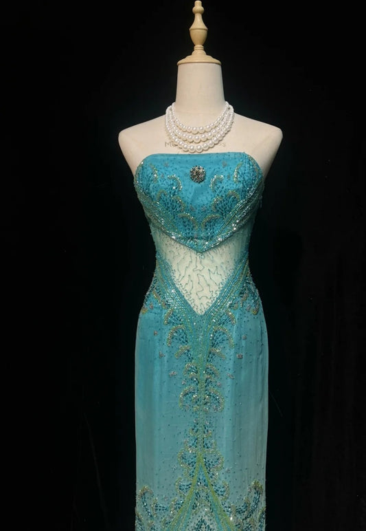 Chic Blue Prom Dress Tulle Beaded Strapless Evening Dress Mermaid Formal Dress ED06883