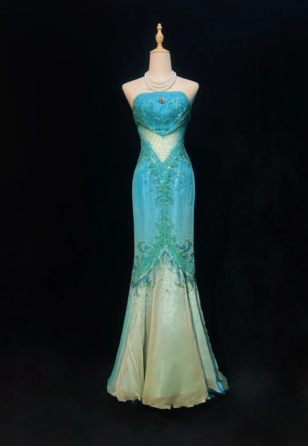 Chic Blue Prom Dress Tulle Beaded Strapless Evening Dress Mermaid Formal Dress ED06883