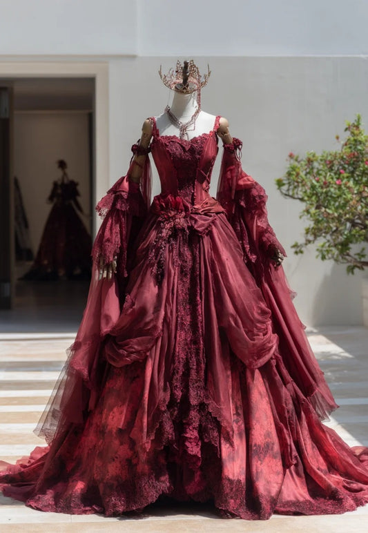 Chic Red Prom Dress Lace Spaghetti Straps Evening Dress A-Line Formal Dress ED06885