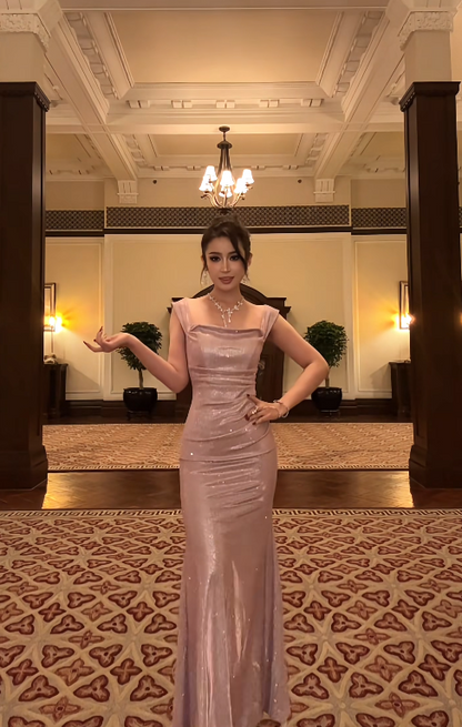 Chic Pink Prom Dress Satin Straps Evening Dress Sheath Formal Dress ED06886