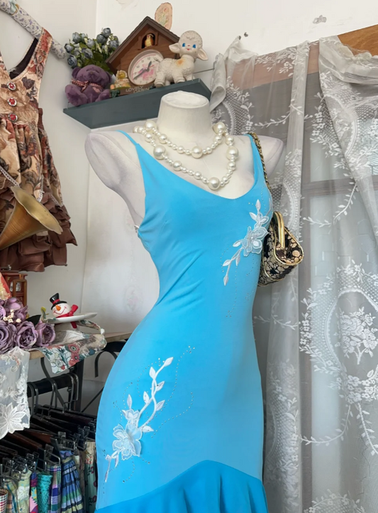 Chic Blue Prom Dress Chiffon Spaghetti Straps Evening Dress Sheath Formal Dress ED06887