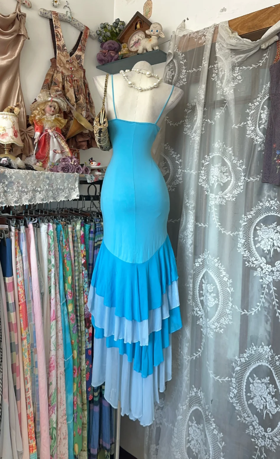 Chic Blue Prom Dress Chiffon Spaghetti Straps Evening Dress Sheath Formal Dress ED06887